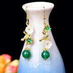Fortune Jewel Green Agate Bead White Flower Bird Power Drop Earrings - Fortune Jewel