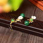 Fortune Jewel Green Agate Bead White Flower Bird Power Drop Earrings - Fortune Jewel