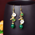 Fortune Jewel Green Agate Bead White Flower Bird Power Drop Earrings - Fortune Jewel
