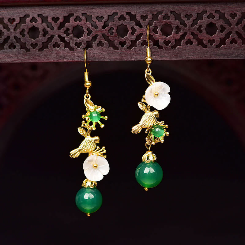 Fortune Jewel Green Agate Bead White Flower Bird Power Drop Earrings - Fortune Jewel