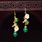 Fortune Jewel Green Agate Bead White Flower Bird Power Drop Earrings - Fortune Jewel