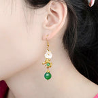 Fortune Jewel Green Agate Bead White Flower Bird Power Drop Earrings - Fortune Jewel