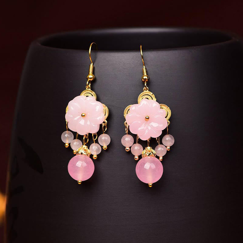 Fortune Jewel Green Pink Flower Liuli Glass Drop Earrings - Fortune Jewel