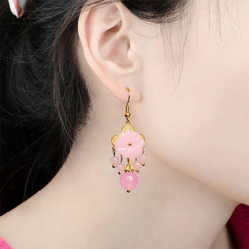 Fortune Jewel Green Pink Flower Liuli Glass Drop Earrings - Fortune Jewel