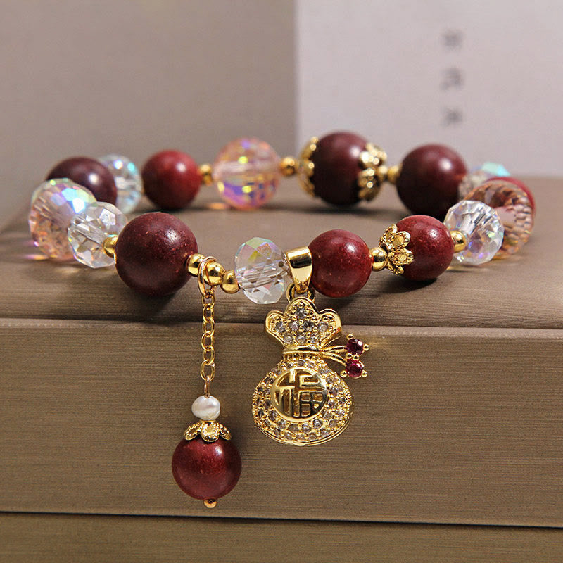 Fortune Jewel Sandalwood Fu Character Lucky Fortune Money Bag Charm Protection Bracelet - Fortune Jewel