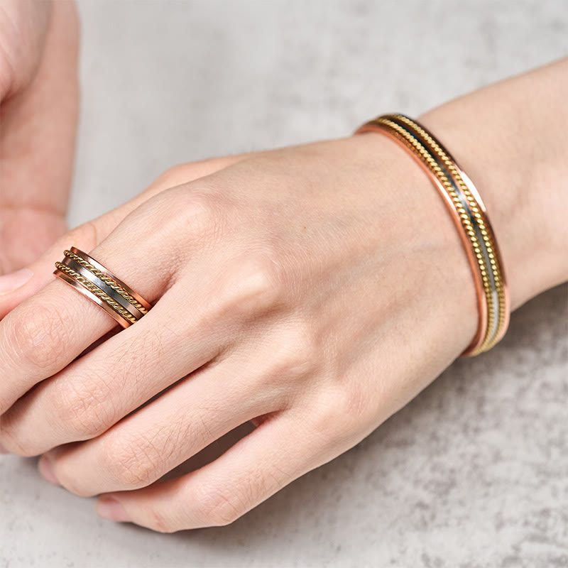 Fortune Jewel Retro Twisted Design Copper Open Wealth Luck Cuff Bracelet Bangle Ring - Fortune Jewel