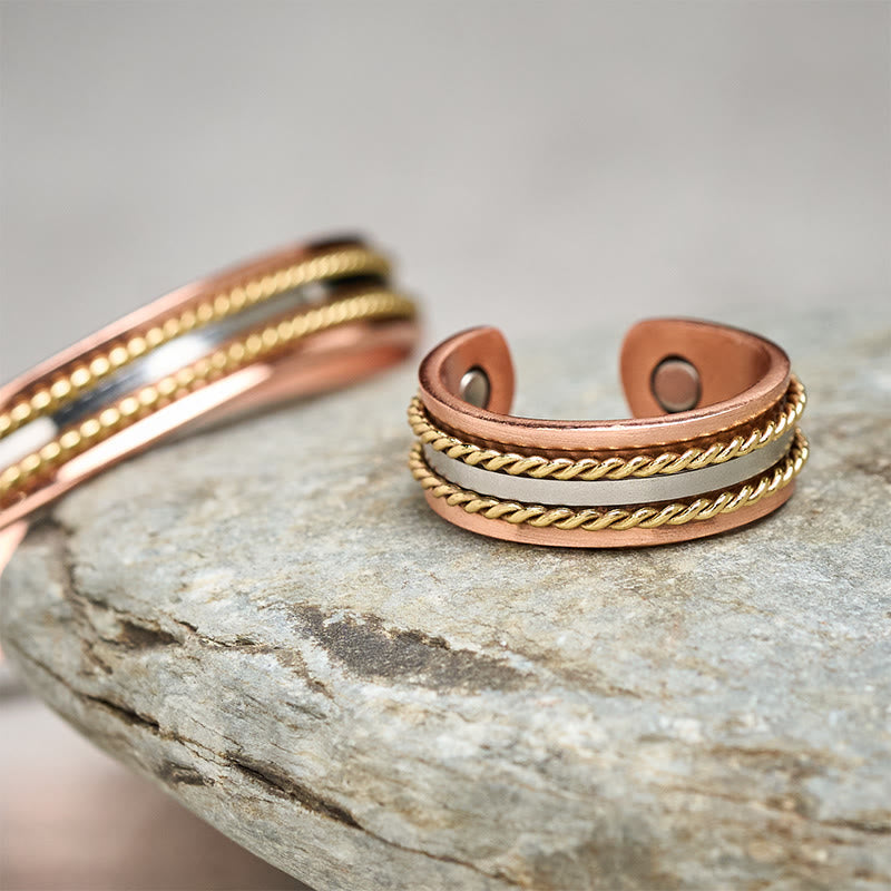 Fortune Jewel Retro Twisted Design Copper Open Wealth Luck Cuff Bracelet Bangle Ring - Fortune Jewel