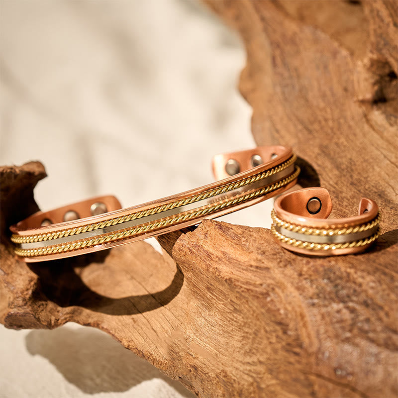 Fortune Jewel Retro Twisted Design Copper Open Wealth Luck Cuff Bracelet Bangle Ring - Fortune Jewel