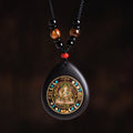 Fortune Jewel Chinese Zodiac Natal Buddha Ebony Wood Tiger Eye Black Onyx Calm Necklace Pendants - Fortune Jewel