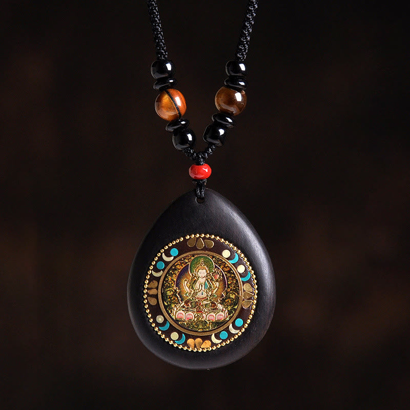 Fortune Jewel Chinese Zodiac Natal Buddha Ebony Wood Tiger Eye Black Onyx Calm Necklace Pendants - Fortune Jewel