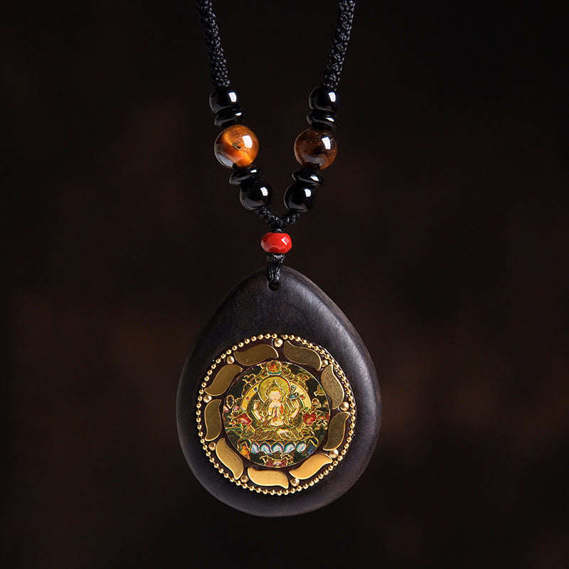 Fortune Jewel Chinese Zodiac Natal Buddha Ebony Wood Tiger Eye Black Onyx Calm Necklace Pendants - Fortune Jewel