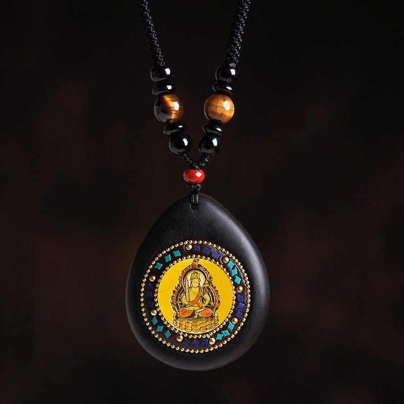 Fortune Jewel Chinese Zodiac Natal Buddha Ebony Wood Tiger Eye Black Onyx Calm Necklace Pendants - Fortune Jewel