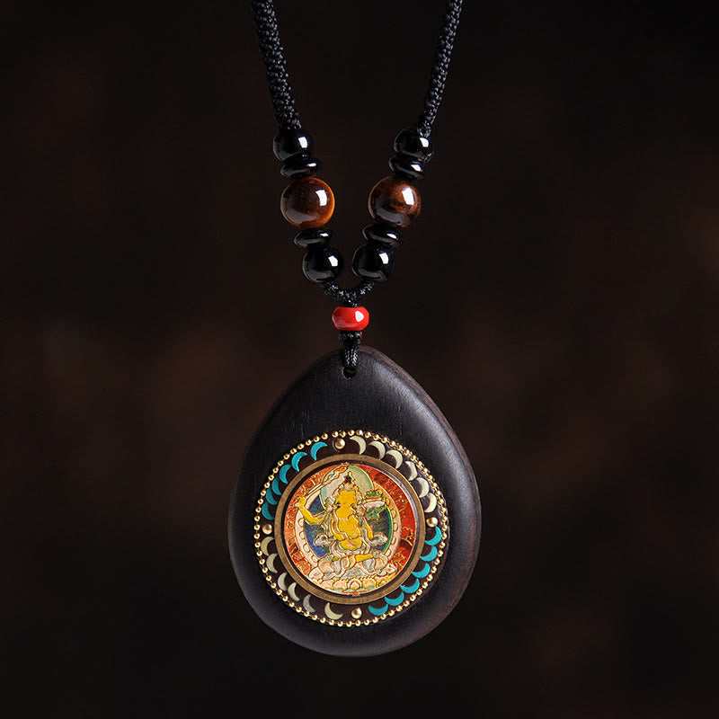 Fortune Jewel Chinese Zodiac Natal Buddha Ebony Wood Tiger Eye Black Onyx Calm Necklace Pendants - Fortune Jewel