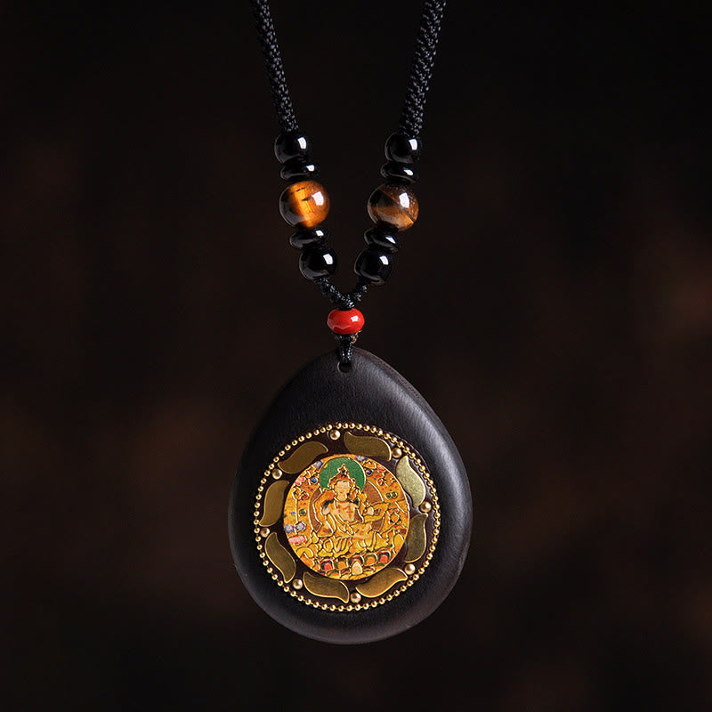 Fortune Jewel Chinese Zodiac Natal Buddha Ebony Wood Tiger Eye Black Onyx Calm Necklace Pendants - Fortune Jewel