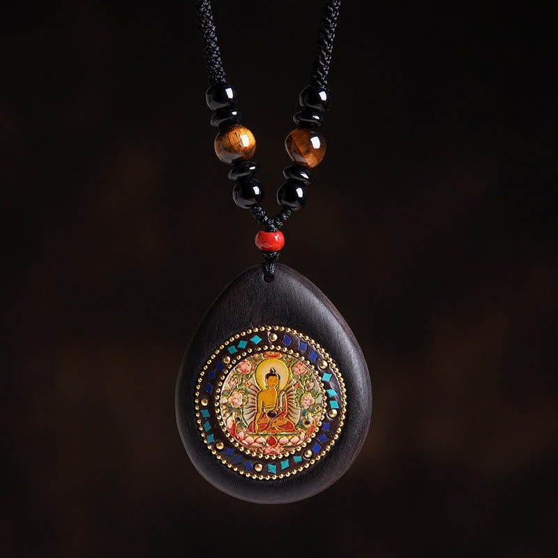 Fortune Jewel Chinese Zodiac Natal Buddha Ebony Wood Tiger Eye Black Onyx Calm Necklace Pendants - Fortune Jewel
