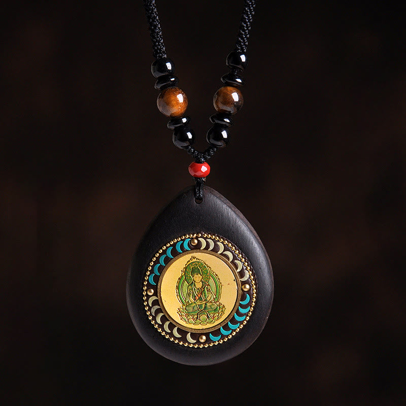 Fortune Jewel Chinese Zodiac Natal Buddha Ebony Wood Tiger Eye Black Onyx Calm Necklace Pendants - Fortune Jewel