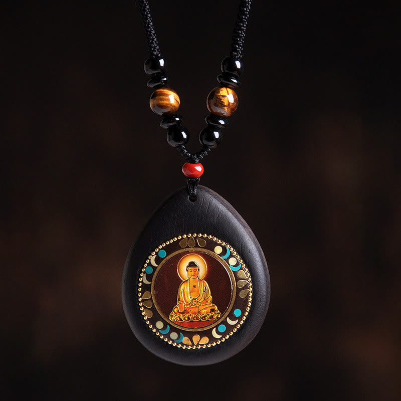 Fortune Jewel Chinese Zodiac Natal Buddha Ebony Wood Tiger Eye Black Onyx Calm Necklace Pendants - Fortune Jewel