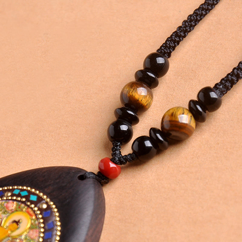 Fortune Jewel Chinese Zodiac Natal Buddha Ebony Wood Tiger Eye Black Onyx Calm Necklace Pendants - Fortune Jewel