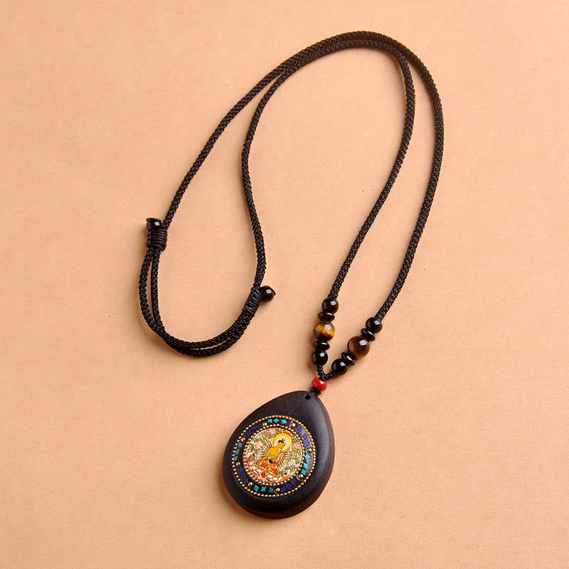 Fortune Jewel Chinese Zodiac Natal Buddha Ebony Wood Tiger Eye Black Onyx Calm Necklace Pendants - Fortune Jewel