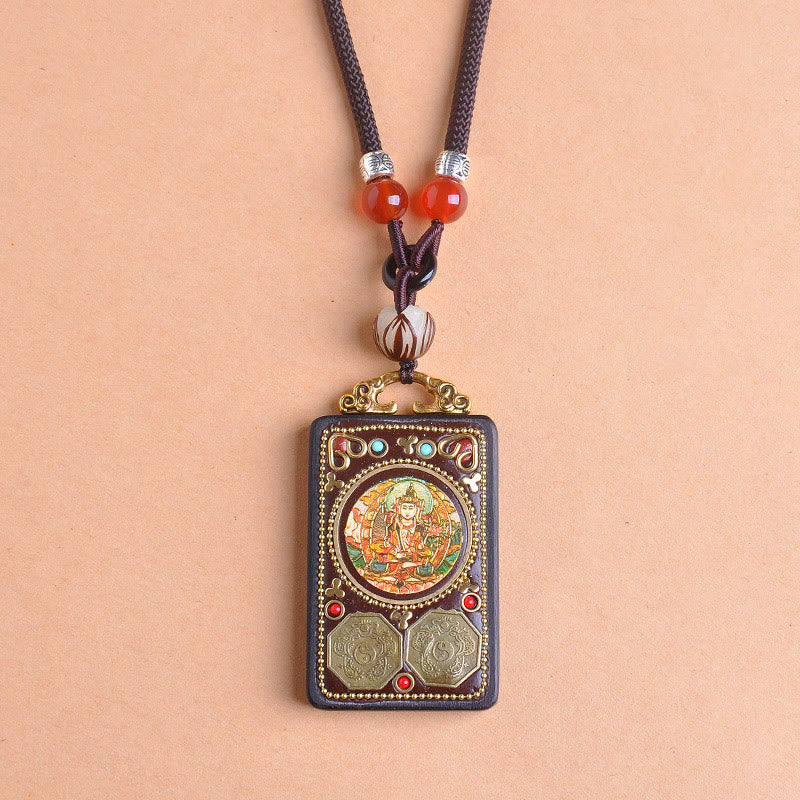 Buddha Stones Thangka Yin Yang Copper Coins Ebony Wood Zakiram Balance Pendant Necklace - Fortune Jewel