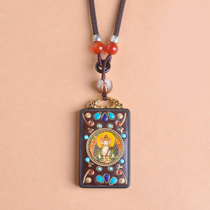 Buddha Stones Thangka Yin Yang Copper Coins Ebony Wood Zakiram Balance Pendant Necklace - Fortune Jewel