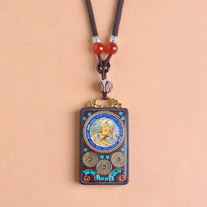 Buddha Stones Thangka Yin Yang Copper Coins Ebony Wood Zakiram Balance Pendant Necklace - Fortune Jewel