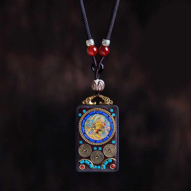 Buddha Stones Thangka Yin Yang Copper Coins Ebony Wood Zakiram Balance Pendant Necklace - Fortune Jewel