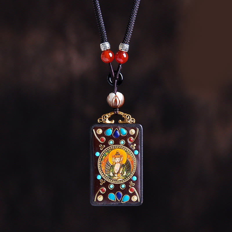 Buddha Stones Thangka Yin Yang Copper Coins Ebony Wood Zakiram Balance Pendant Necklace - Fortune Jewel