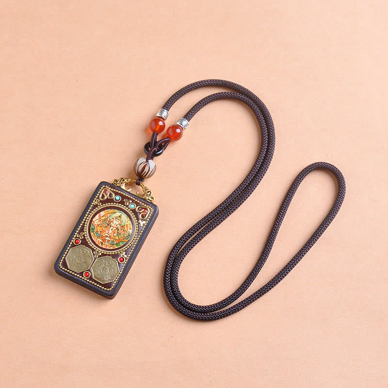 Buddha Stones Thangka Yin Yang Copper Coins Ebony Wood Zakiram Balance Pendant Necklace - Fortune Jewel