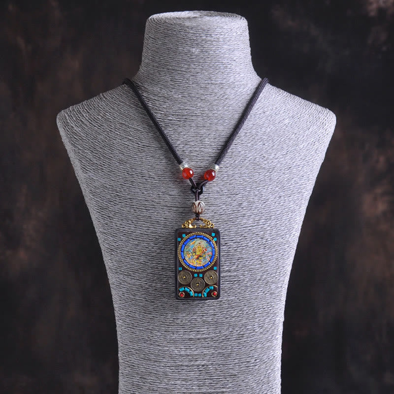 Buddha Stones Thangka Yin Yang Copper Coins Ebony Wood Zakiram Balance Pendant Necklace - Fortune Jewel