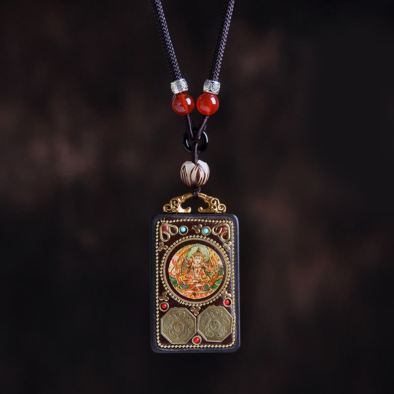 Buddha Stones Thangka Yin Yang Copper Coins Ebony Wood Zakiram Balance Pendant Necklace - Fortune Jewel
