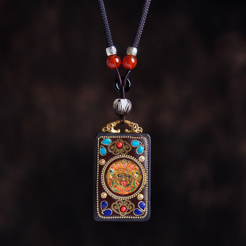 Buddha Stones Thangka Yin Yang Copper Coins Ebony Wood Zakiram Balance Pendant Necklace - Fortune Jewel