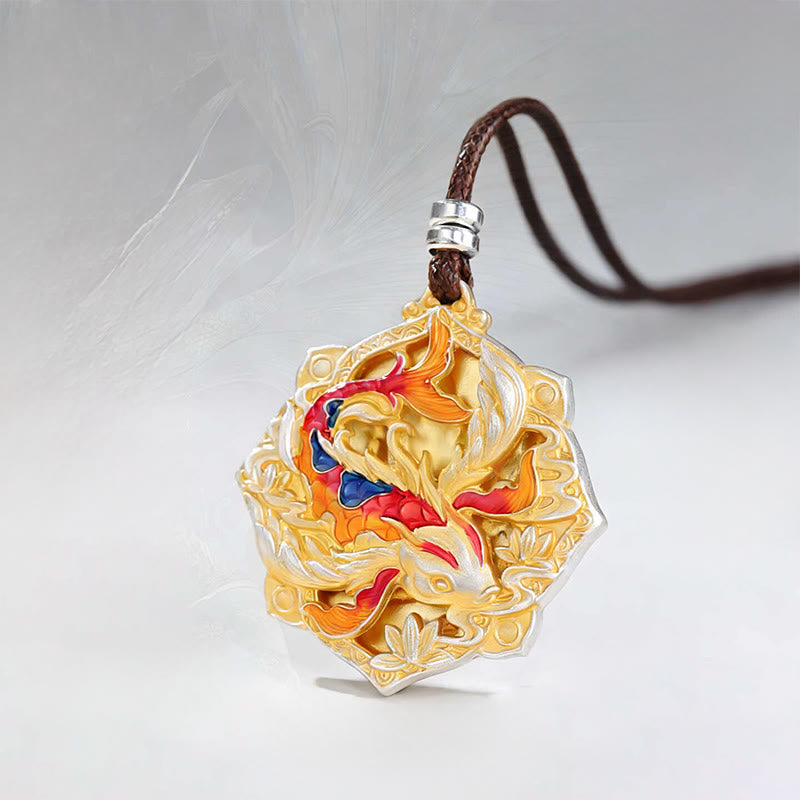 Buddha Stones 999 Sterling Silver Colorful Koi Fish Carved Luck Necklace Pendant - Fortune Jewel