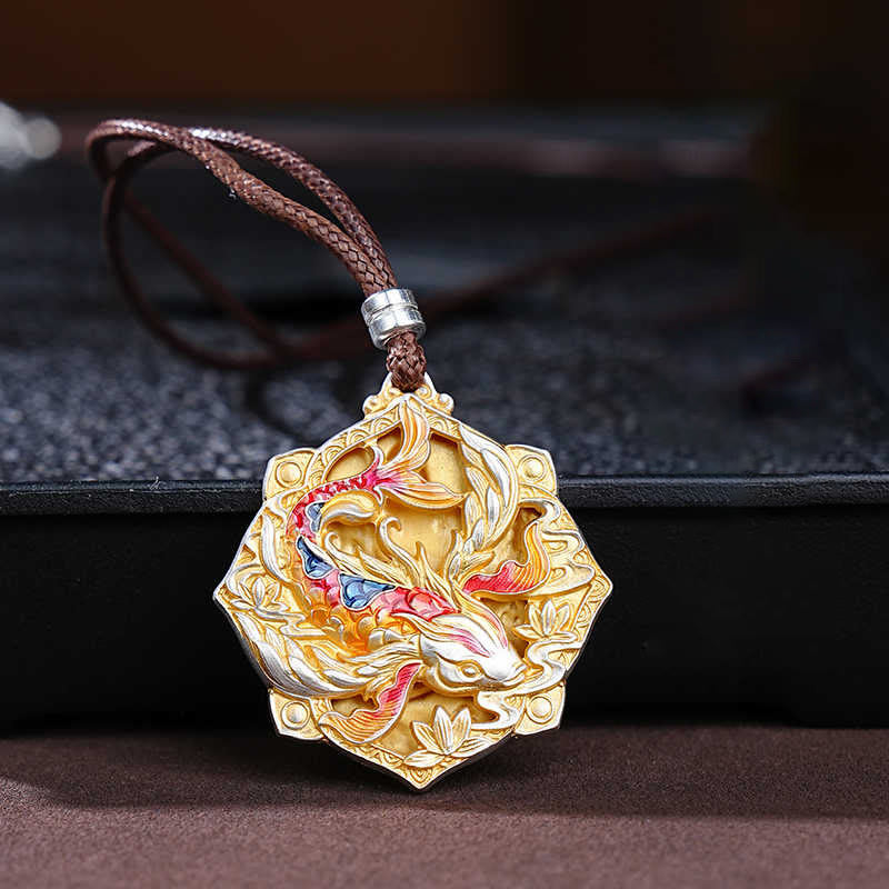 Buddha Stones 999 Sterling Silver Colorful Koi Fish Carved Luck Necklace Pendant - Fortune Jewel