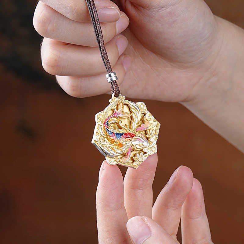 Buddha Stones 999 Sterling Silver Colorful Koi Fish Carved Luck Necklace Pendant - Fortune Jewel