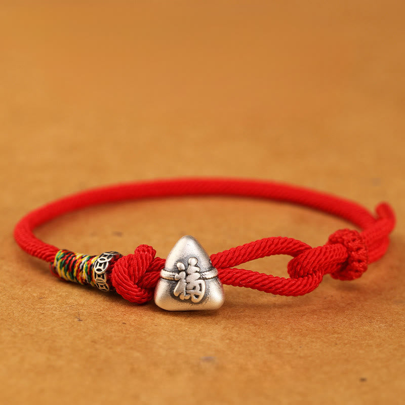 Fortune Jewel 999 Sterling Silver Fu Character Zongzi Fortune Luck Rope Bracelet - Fortune Jewel