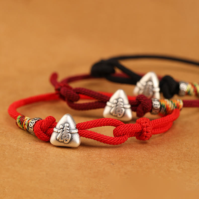 Fortune Jewel 999 Sterling Silver Fu Character Zongzi Fortune Luck Rope Bracelet - Fortune Jewel