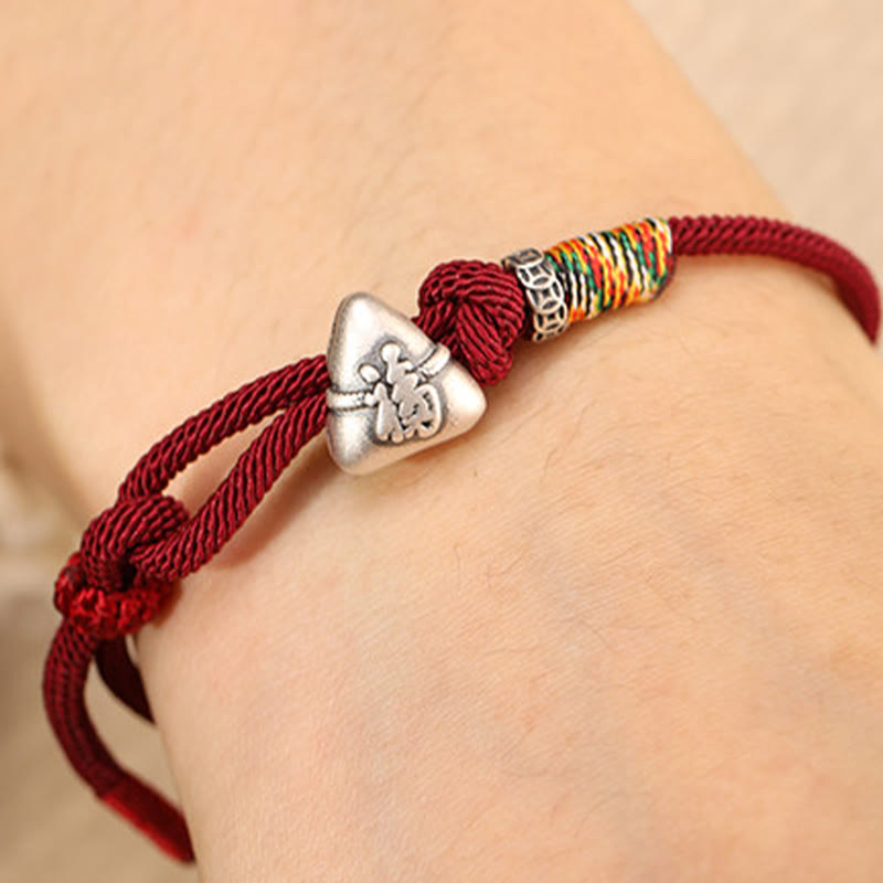 Fortune Jewel 999 Sterling Silver Fu Character Zongzi Fortune Luck Rope Bracelet - Fortune Jewel