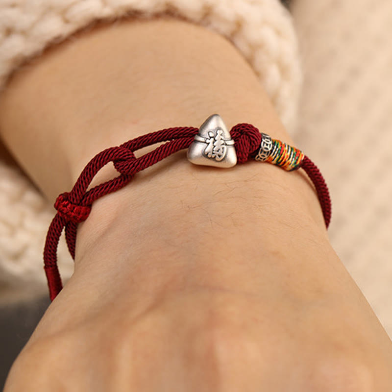 Fortune Jewel 999 Sterling Silver Fu Character Zongzi Fortune Luck Rope Bracelet - Fortune Jewel