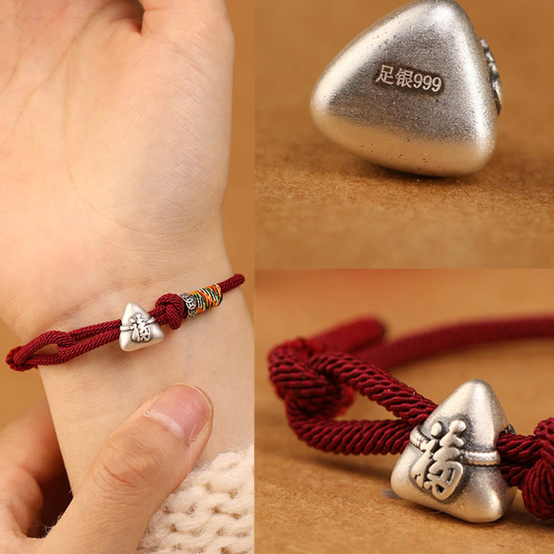 Fortune Jewel 999 Sterling Silver Fu Character Zongzi Fortune Luck Rope Bracelet - Fortune Jewel