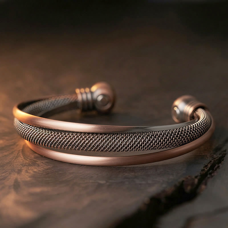 Buddha Stones Retro Textured Flower Pattern Twisted Copper Balance Luck Open Cuff Bracelet Bangle - Fortune Jewel