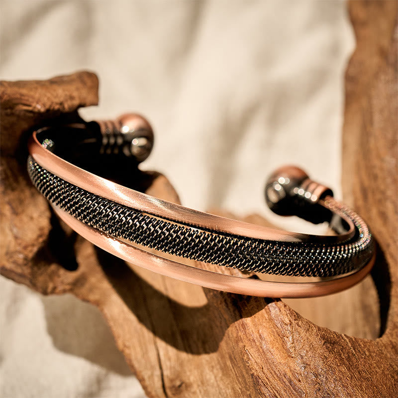 Buddha Stones Retro Textured Flower Pattern Twisted Copper Balance Luck Open Cuff Bracelet Bangle - Fortune Jewel