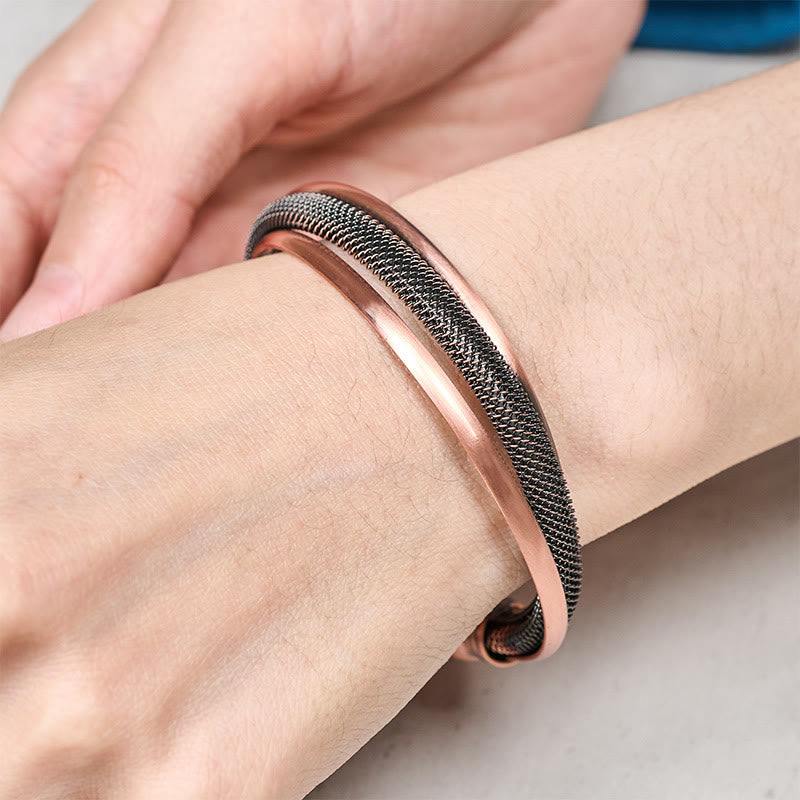 Buddha Stones Retro Textured Flower Pattern Twisted Copper Balance Luck Open Cuff Bracelet Bangle - Fortune Jewel