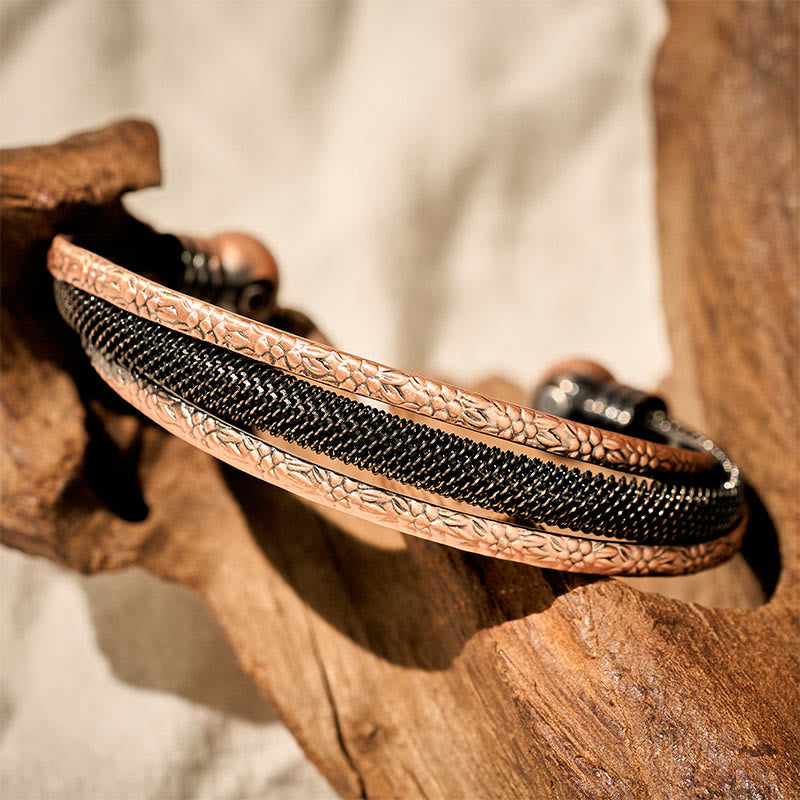 Buddha Stones Retro Textured Flower Pattern Twisted Copper Balance Luck Open Cuff Bracelet Bangle - Fortune Jewel