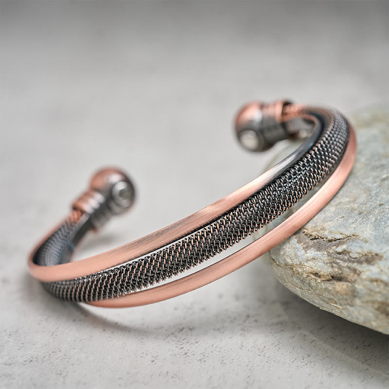 Buddha Stones Retro Textured Flower Pattern Twisted Copper Balance Luck Open Cuff Bracelet Bangle - Fortune Jewel