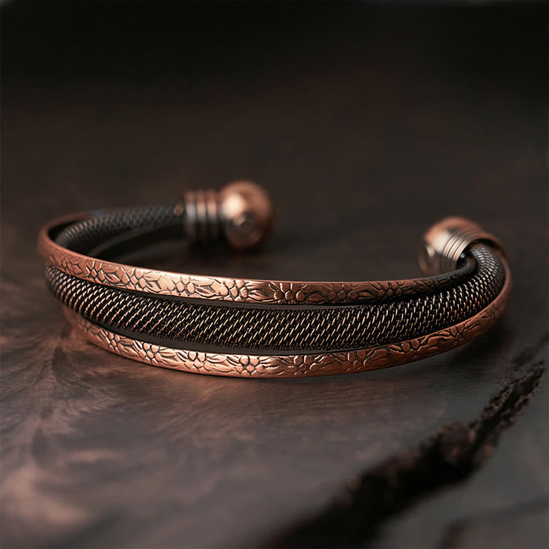 Buddha Stones Retro Textured Flower Pattern Twisted Copper Balance Luck Open Cuff Bracelet Bangle - Fortune Jewel