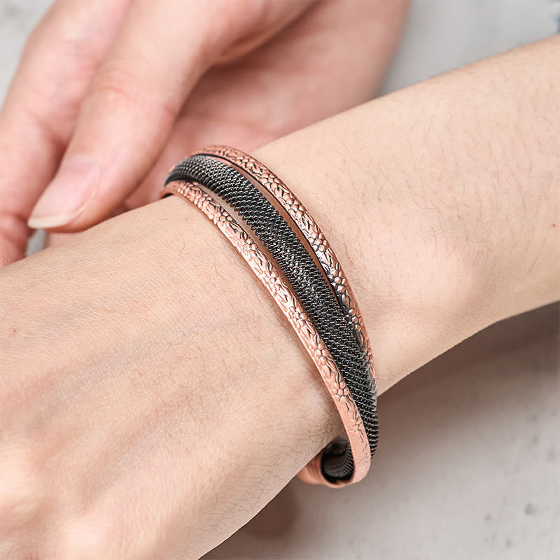 Buddha Stones Retro Textured Flower Pattern Twisted Copper Balance Luck Open Cuff Bracelet Bangle - Fortune Jewel