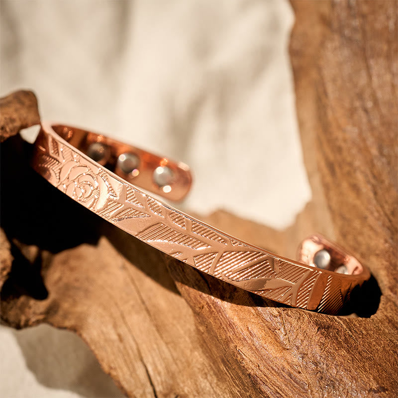 Fortune Jewel Rose Flower Pattern Copper Balance Luck Open Cuff Bracelet Bangle - Fortune Jewel