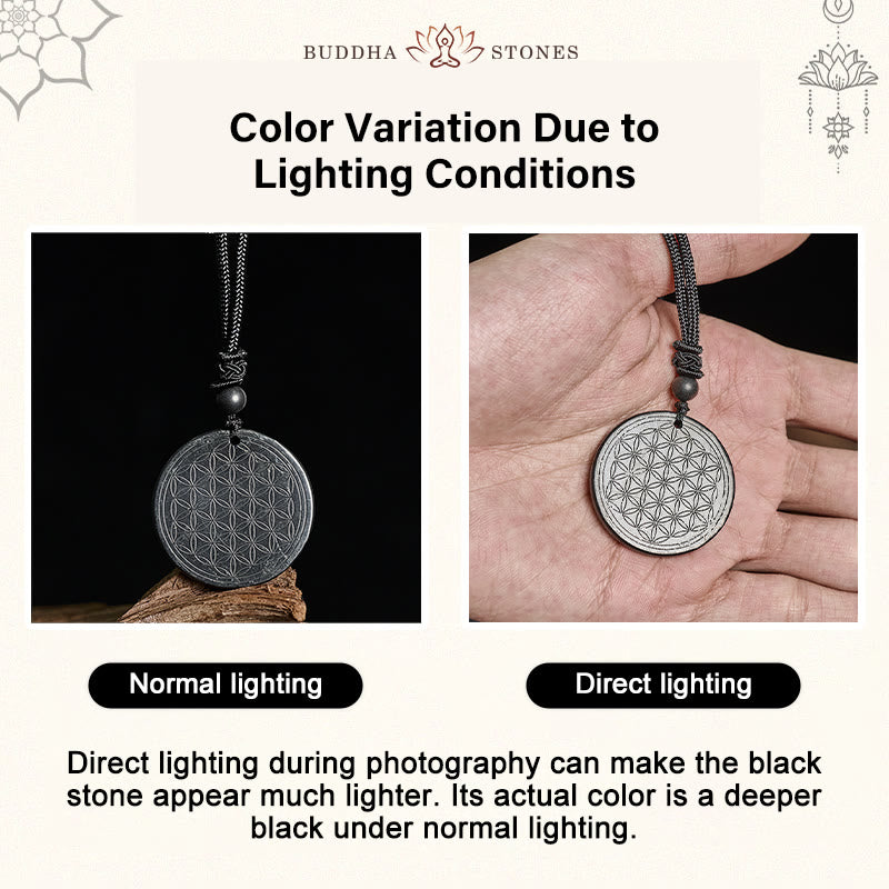 Fortune Jewel Flower of Life Carving Design Authentic Shungite Stone Protection Necklace Pendant - Fortune Jewel