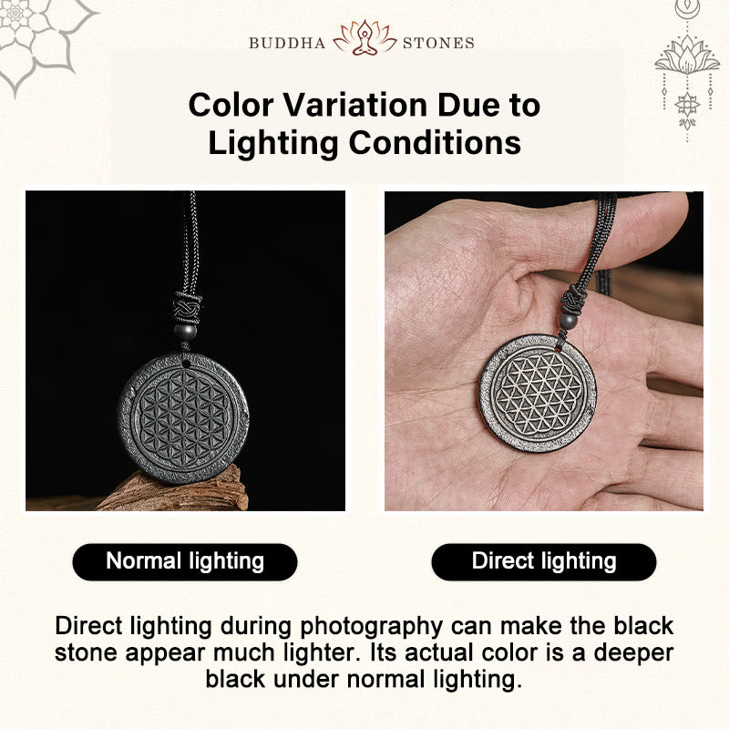 Fortune Jewel Flower of Life Carving Design Authentic Shungite Stone Protection Necklace Pendant - Fortune Jewel